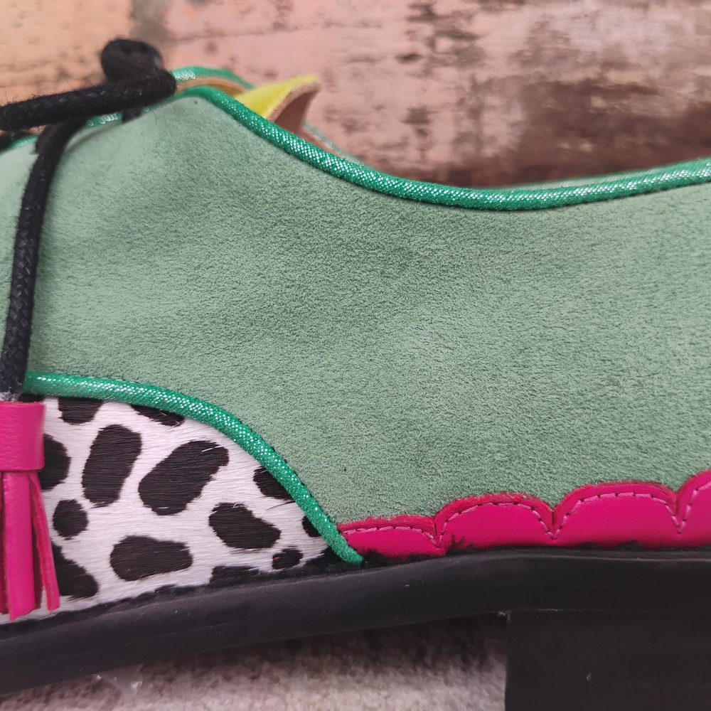 Green Multicolor Handmade Leather Suede Cow Print Oxford Fringe Shoes Size 6-8.5 - Picture 4 of 13